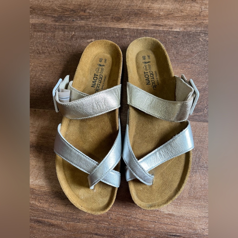Naot Metallic Silver Strappy Cork-Style Sandals